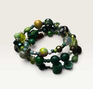 Eclectic Green Bead Memory-Wire Wrap Bracelet - Glass, Wood & Lampwork Mix